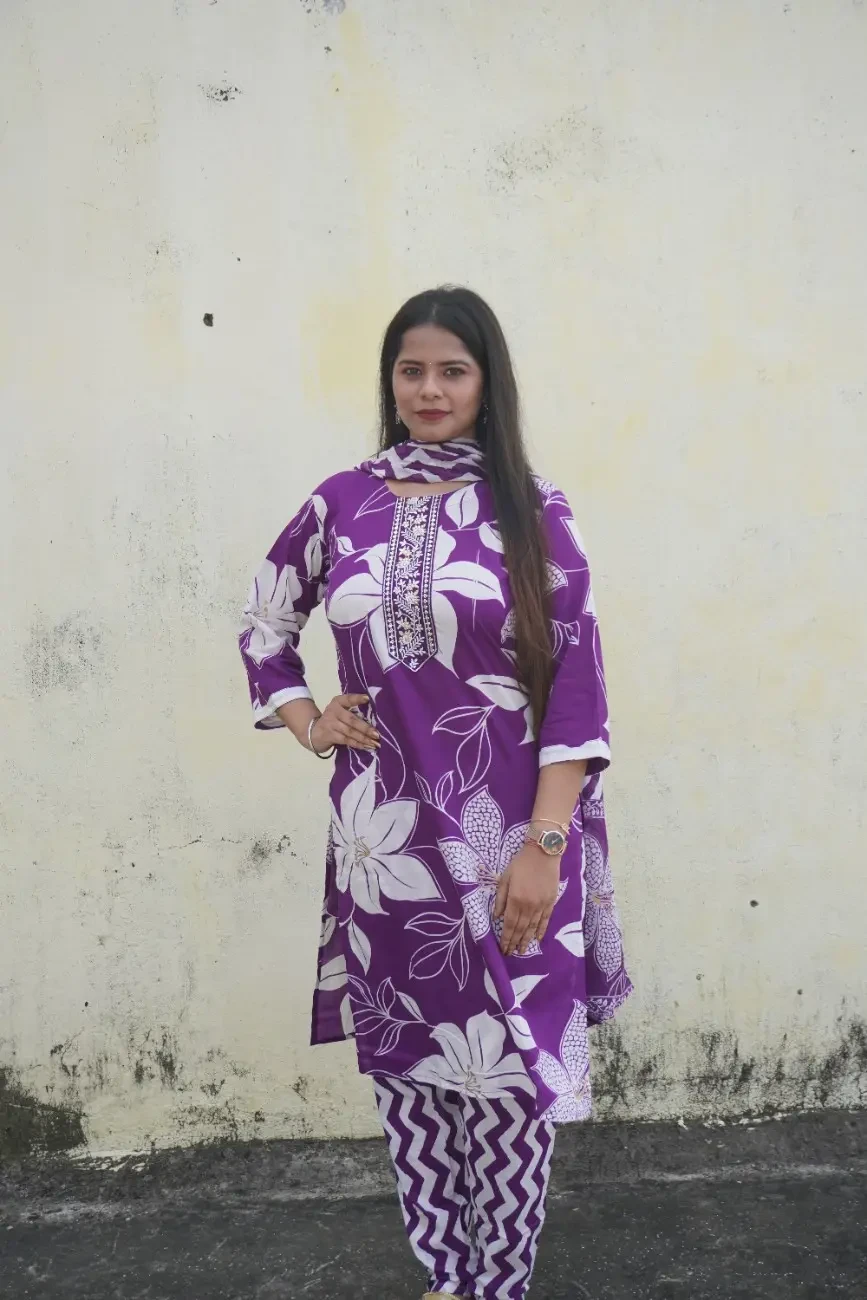 Purple Floral Printed Cotton Suit Set