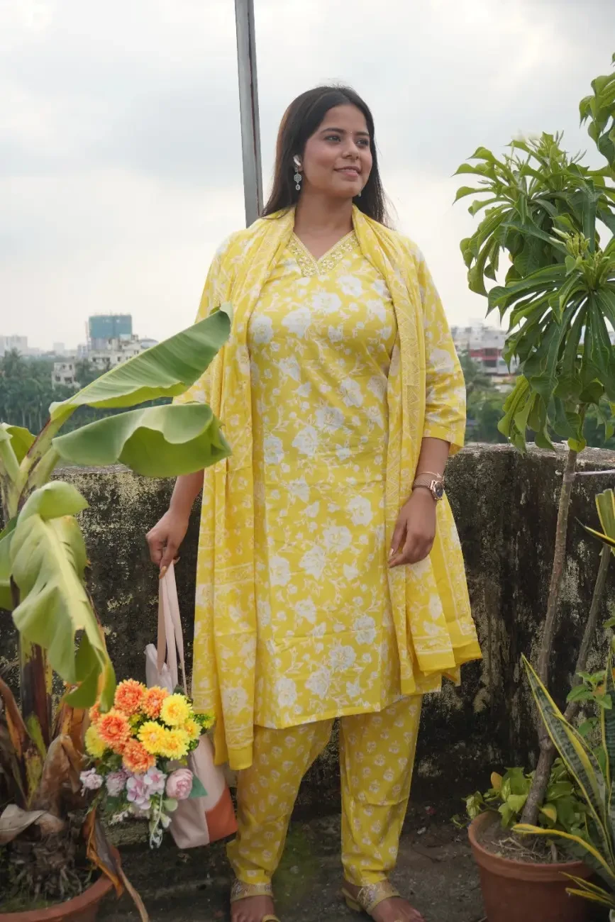 Sunshine Yellow Floral Printed Cotton Suit Set