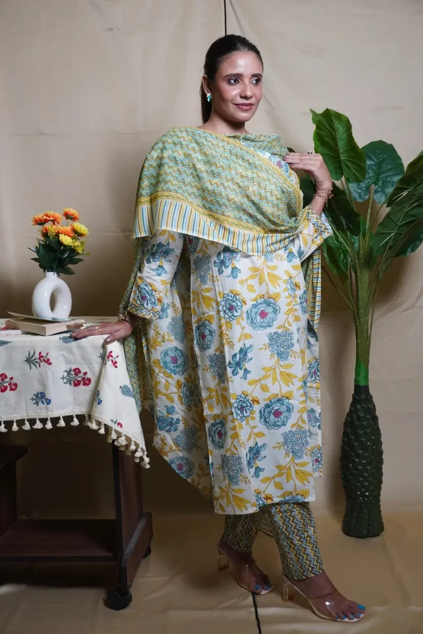 Mustard Block-Printed Kurta Set with Embroidered Yoke