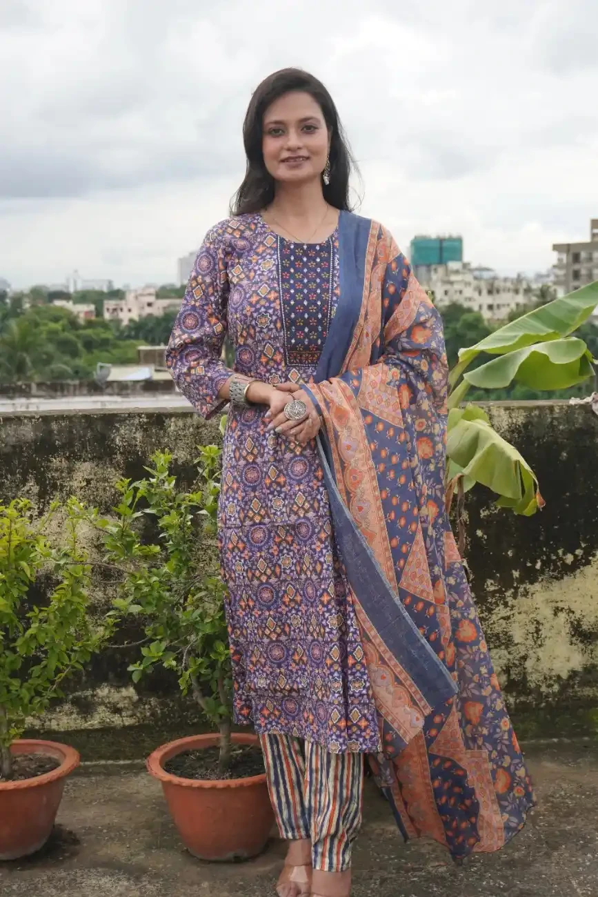 Elegant Printed Cotton Salwar Suit Set – Navy Blue & Orange