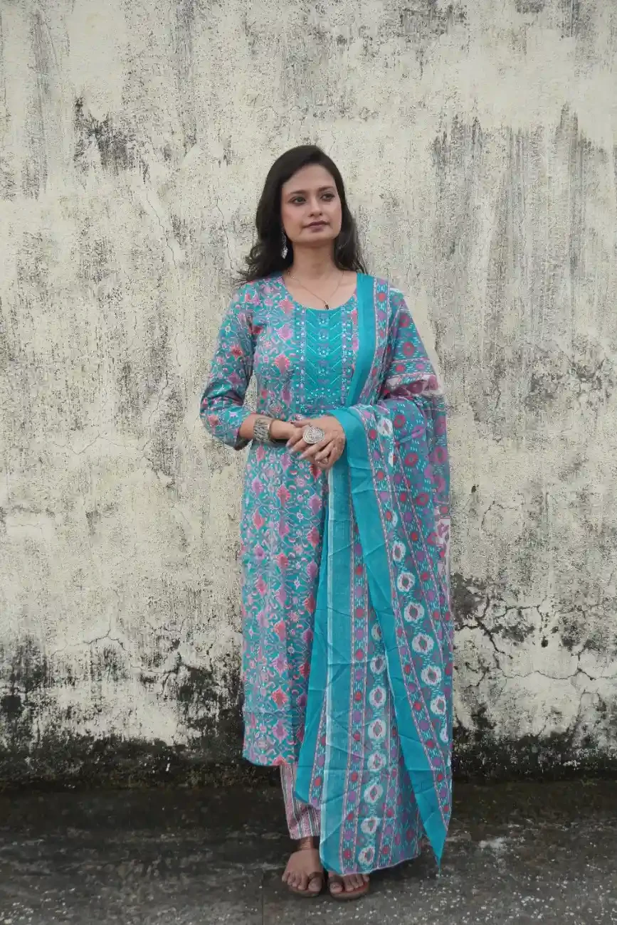 Aqua Blue Printed Cotton Salwar Suit Set – Elegant Ethnic Wear