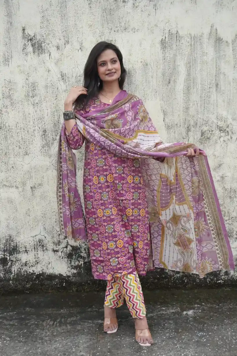 Purple Printed Cotton Salwar Suit Set – Traditional & Stylish